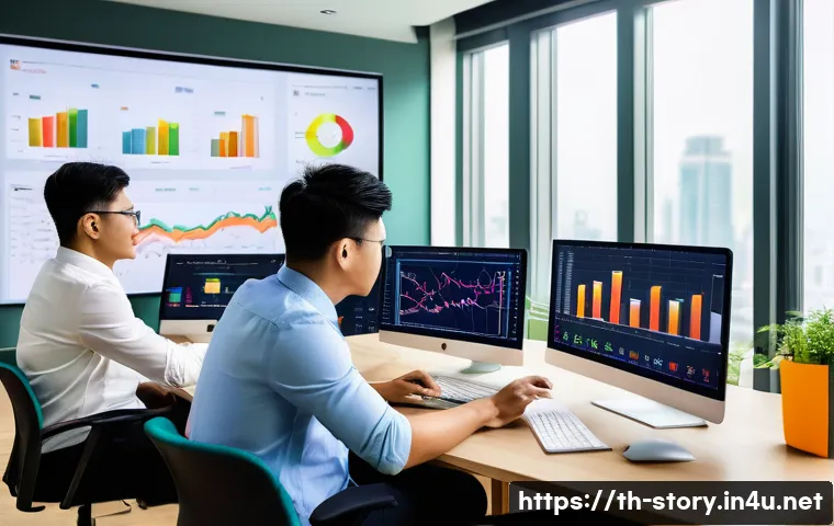 스토리텔러가 직무에서 사용하는 데이터 툴 - A modern digital marketing team in a bright Bangkok office, analyzing audience behavior data on mult...