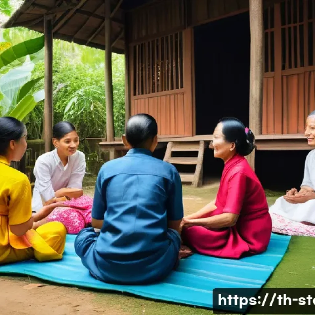 스토리텔러와 문화 콘텐츠의 연관성 - A vibrant scene of a traditional Thai storyteller in a rural village setting, dressed in modest trad...