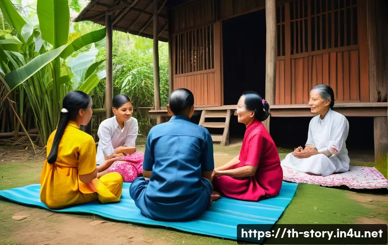 스토리텔러와 문화 콘텐츠의 연관성 - A vibrant scene of a traditional Thai storyteller in a rural village setting, dressed in modest trad...
