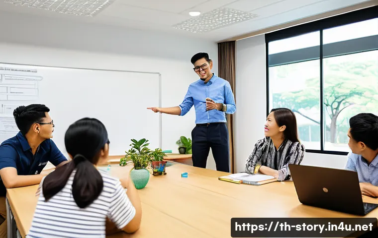 스토리텔러 직무 교육 과정 비교 - A modern classroom setting showing a diverse group of adult students attending an offline storytelli...