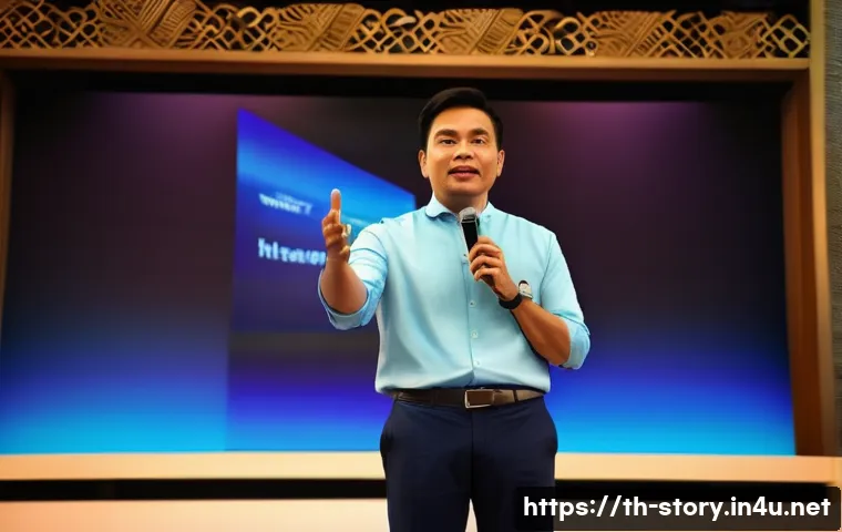스토리텔러 자격증의 글로벌 인증 여부 - A professional storyteller standing on a modern stage in a sleek conference hall in Bangkok, Thailan...