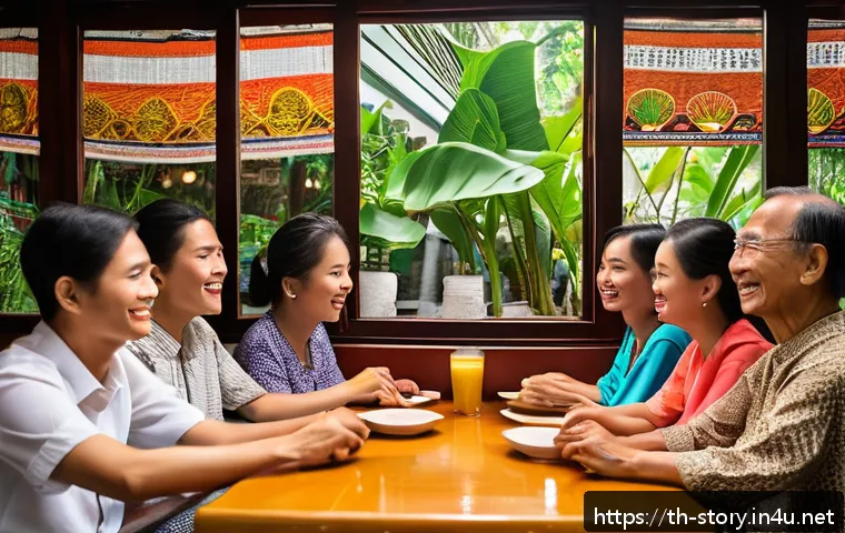 스토리텔러 관련 직종의 주요 기술 - A vibrant storytelling scene set in a cozy Thai coffee shop filled with warm natural light filtering...