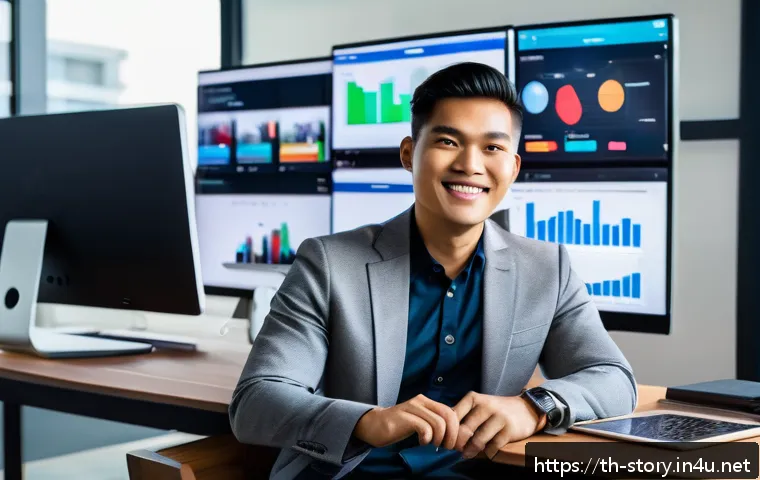 스토리텔러 직무별 연봉 차이 - A modern Thai digital marketing storyteller working on multiple social media platforms like Facebook...