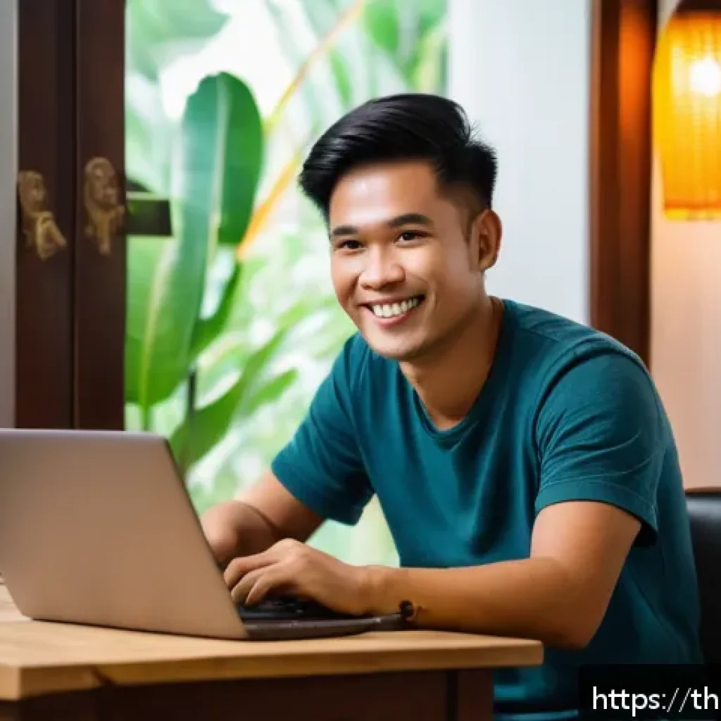 스토리텔러로서 프리랜서로 일하기 - A modern freelance storyteller workspace in a cozy Thai home office setting, featuring a young Thai ...