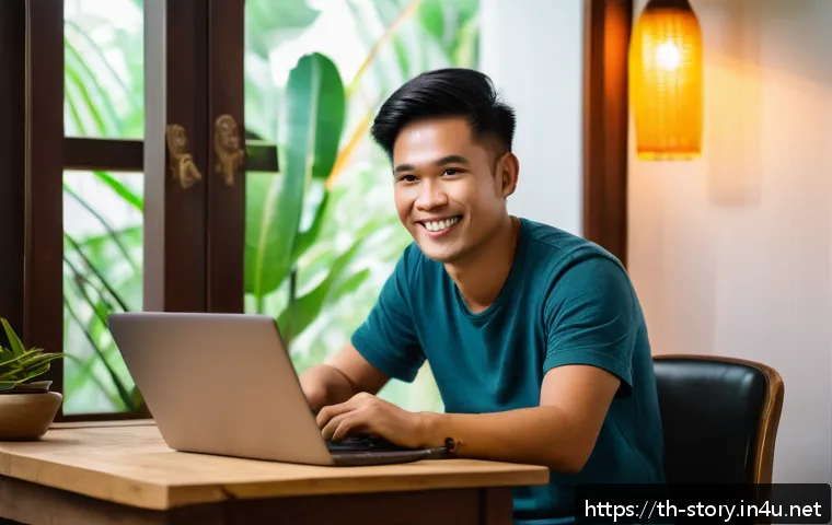 스토리텔러로서 프리랜서로 일하기 - A modern freelance storyteller workspace in a cozy Thai home office setting, featuring a young Thai ...