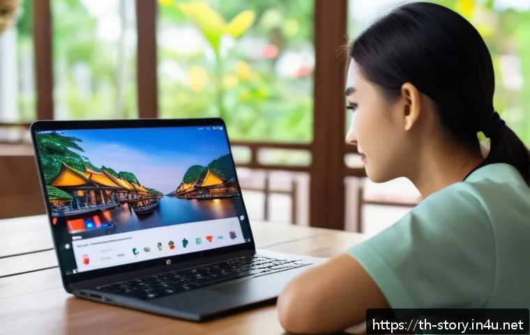 스토리텔러의 창작 과정과 비하인드 스토리 - A modern Thai digital content creator workspace, featuring a sleek laptop with Thai social media pla...
