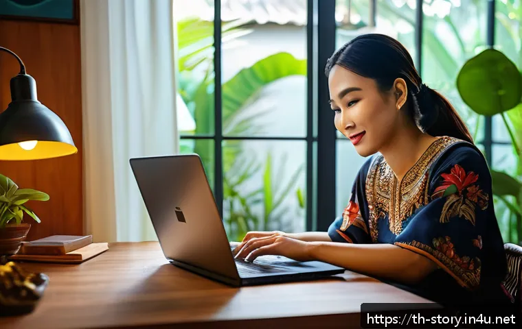 스토리텔러로서 성공하는 데 필요한 역량 - A warm and engaging scene of a Thai content creator in a cozy home office, passionately storytelling...