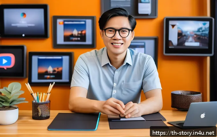 스토리텔러 직업의 만족도와 도전 과제 - A professional storyteller in a modern digital workspace, surrounded by multiple screens showing soc...