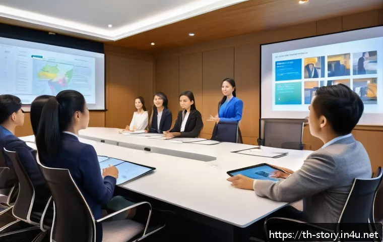 스토리텔러 이론과 실무의 차이 - A professional business presentation scene set in a modern Thai conference room, featuring a confide...