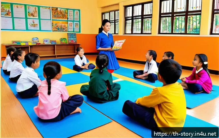 스토리텔러와 융합 교육의 장점 - A lively classroom scene in a Thai elementary school, where a female teacher animatedly tells a trad...