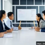 Home 19 스토리텔러의 창의적 문제 해결 사례 - A diverse corporate team gathered in a modern office meeting room, engaged in storytelling to boost ...