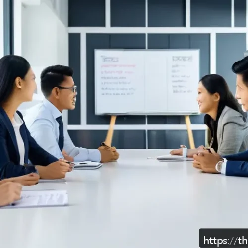 Home 31 스토리텔러의 창의적 문제 해결 사례 - A diverse corporate team gathered in a modern office meeting room, engaged in storytelling to boost ...
