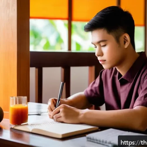 Home 30 스토리텔러 자격증 시험의 준비 체크리스트 - A focused young Thai student sitting at a wooden desk in a cozy, well-lit room with traditional Thai...