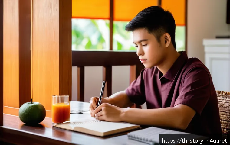 스토리텔러 자격증 시험의 준비 체크리스트 - A focused young Thai student sitting at a wooden desk in a cozy, well-lit room with traditional Thai...