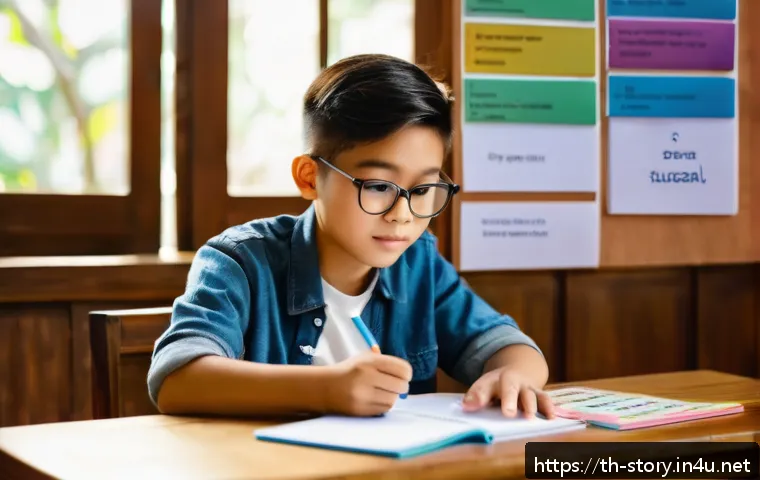 스토리텔러 필기 시험의 필수 암기 사항 - A young Thai student sitting at a wooden desk in a cozy, sunlit room, surrounded by colorful flashca...