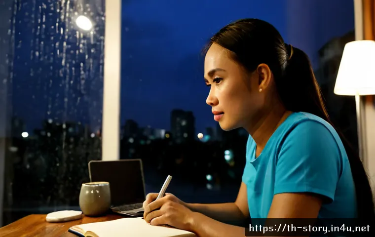 스토리텔러가 경험하는 주요 도전 과제 - Photorealistic Thai storyteller seated at a simple wooden desk in a warm Bangkok apartment at night,...