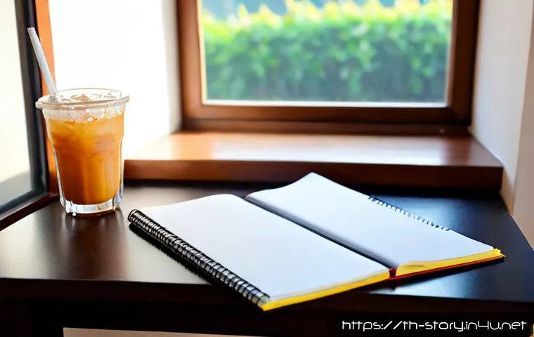 스토리텔러 자격증 시험 준비 노트 - Photorealistic study desk for a Thai storytelling certification exam candidate, neatly arranged blan...