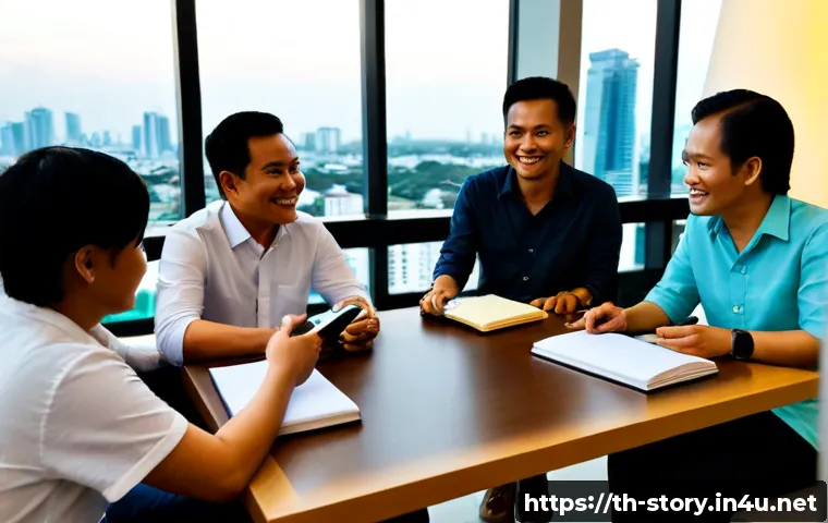 스토리텔러의 글로벌 네트워킹 기회 - Photorealistic editorial scene of a Thai storyteller in smart casual attire networking with an inter...