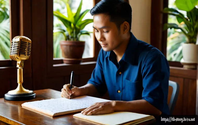 Home 17 스토리텔러와 관련된 공모전 정보 - Photorealistic Thai storyteller preparing for a creative competition, seated at a warm wooden desk i...